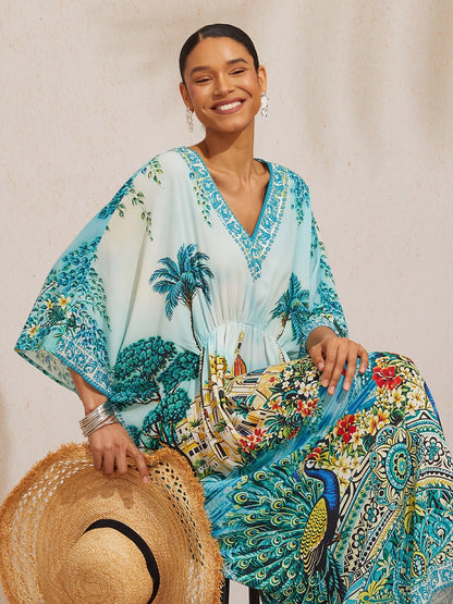 Balearic Islands Blue Flowy Chiffon Dolman Sleeve Kaftan