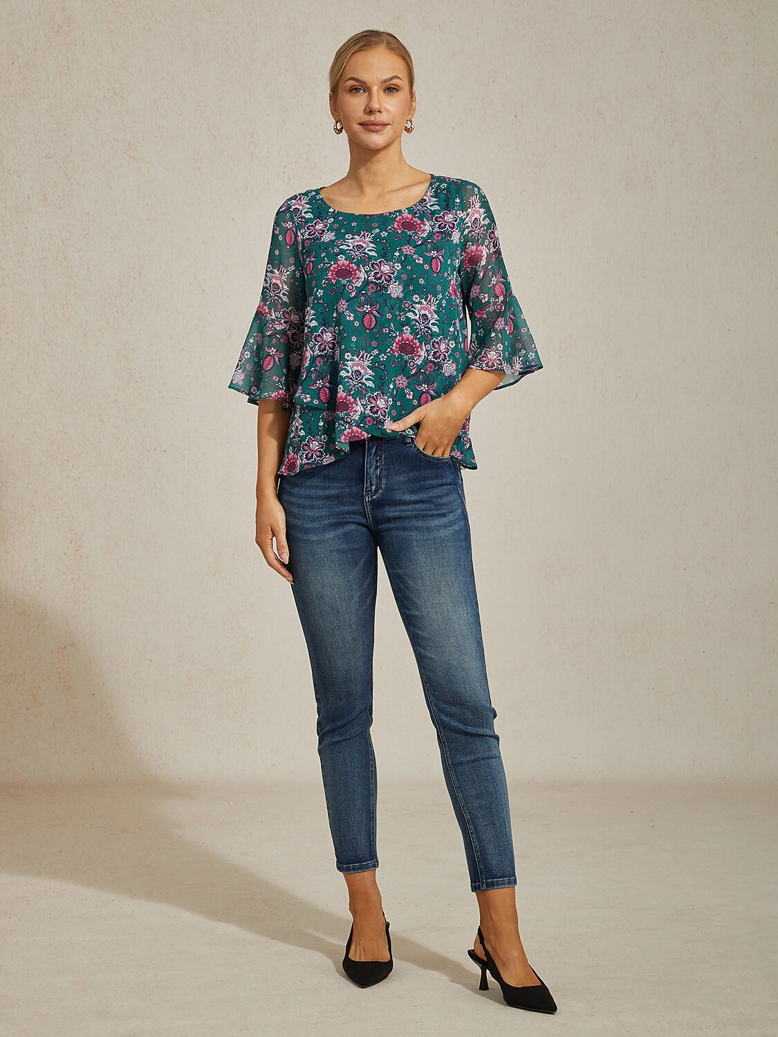 Floral Print Sheer Flowy Chiffon Blouse