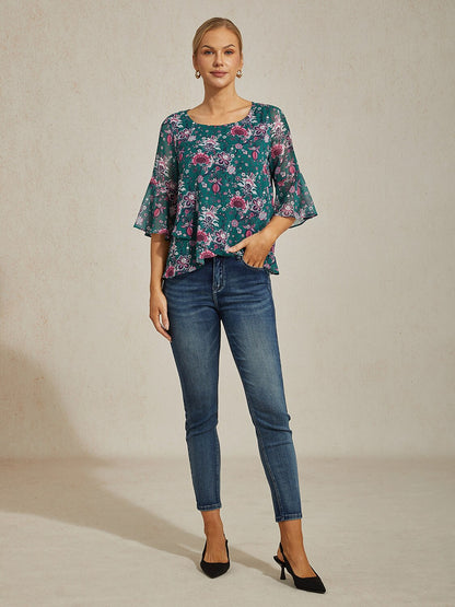 Floral Print Sheer Flowy Chiffon Blouse