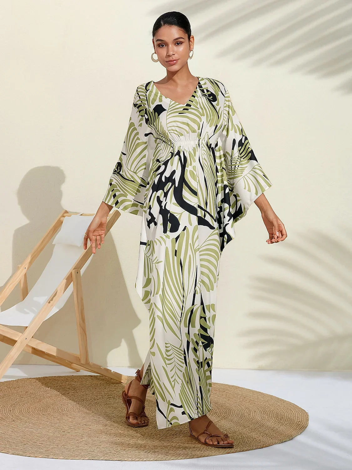 Satin Artistic Print Kaftan Maxi Dress