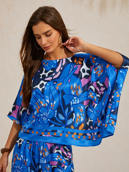 Abstract Azure  Satin Dolman Sleeve Top