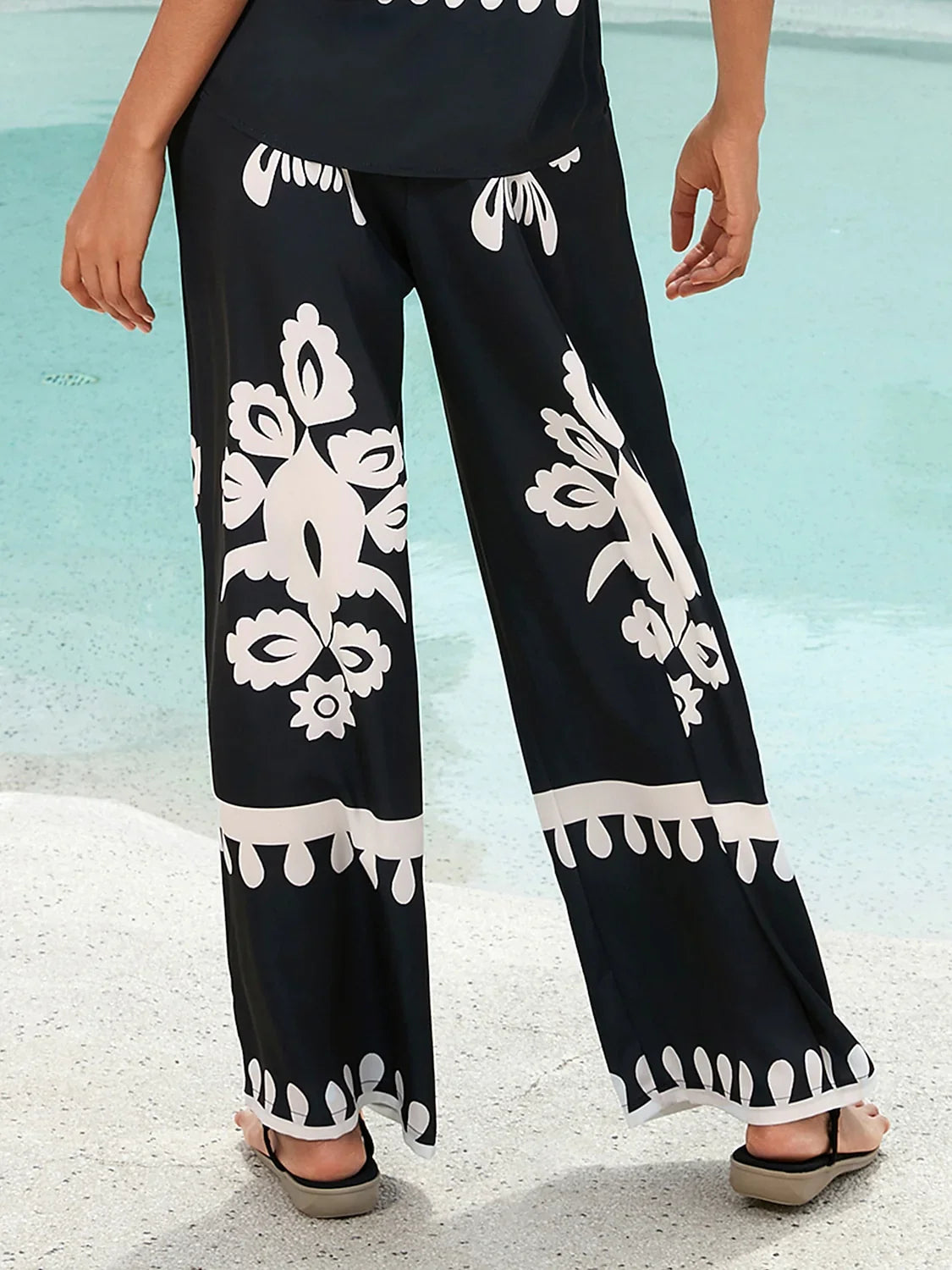 Black Ethnic Print Straight Leg Satin Pants