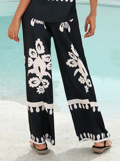 Black Ethnic Print Straight Leg Satin Pants