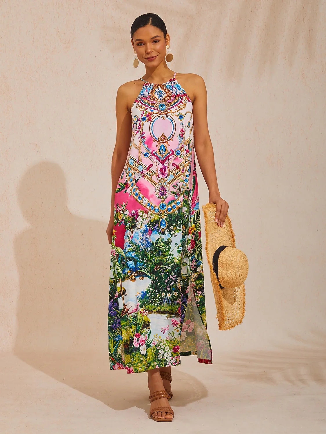 Pink Jungle Party Silky Satin Diamond Maxi Dress