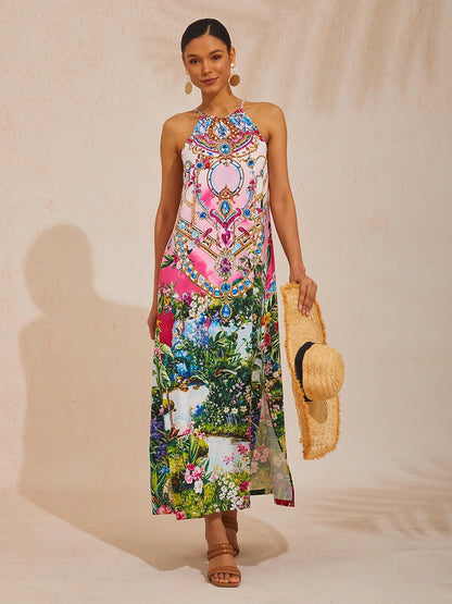 Pink Jungle Party Silky Satin Diamond Maxi Dress