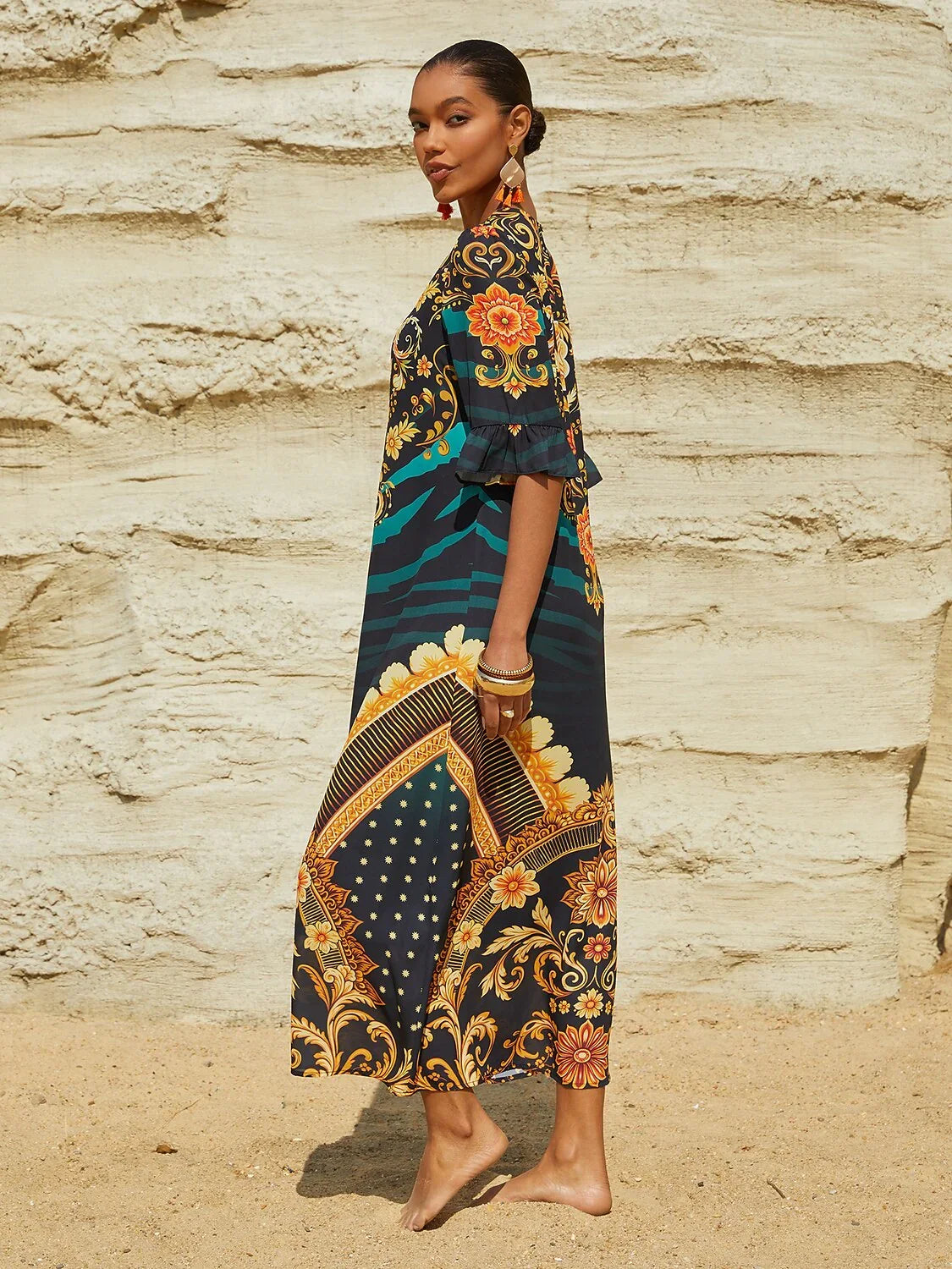 Emerald Empress Flowy Chiffon Straight Maxi Dress