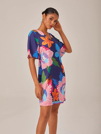 Satin Floral Print Straight Fit Slimming Elastic Back Mini Dress