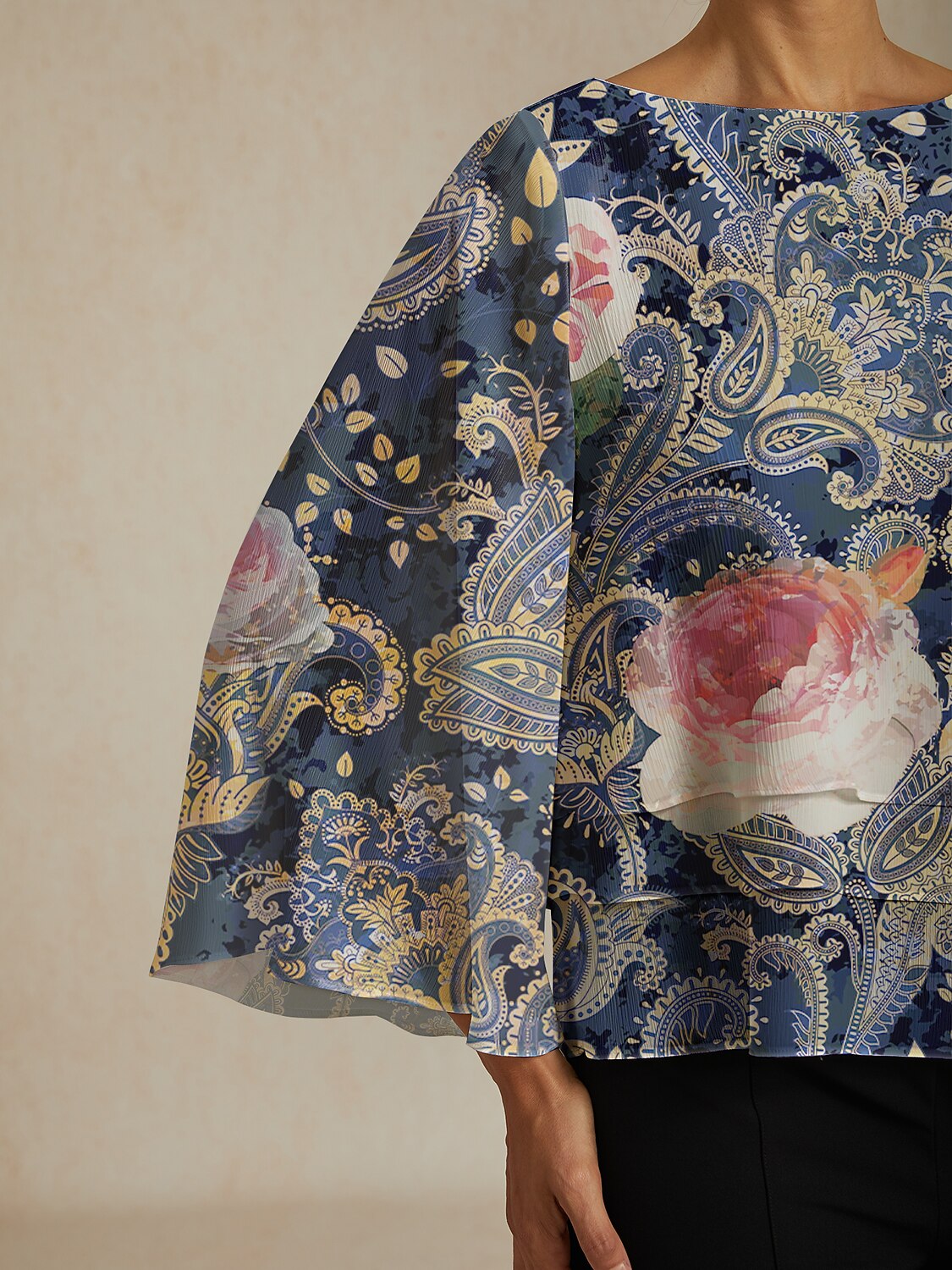 Green Paisley Botanical Print Layered Chiffon Blouse