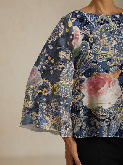 Green Paisley Botanical Print Layered Chiffon Blouse