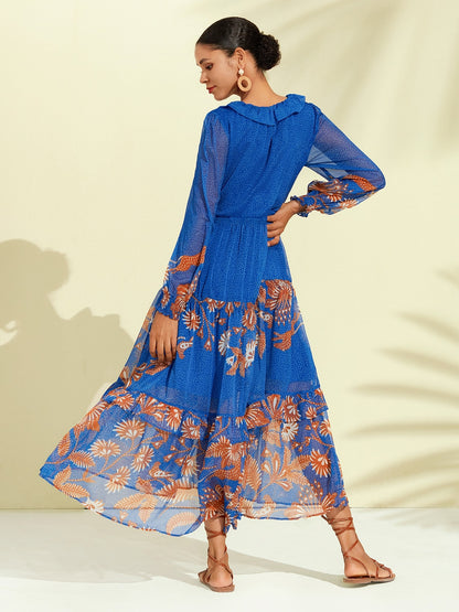 Chiffon Tropical Flowers Puff Sleeve Maxi Dress