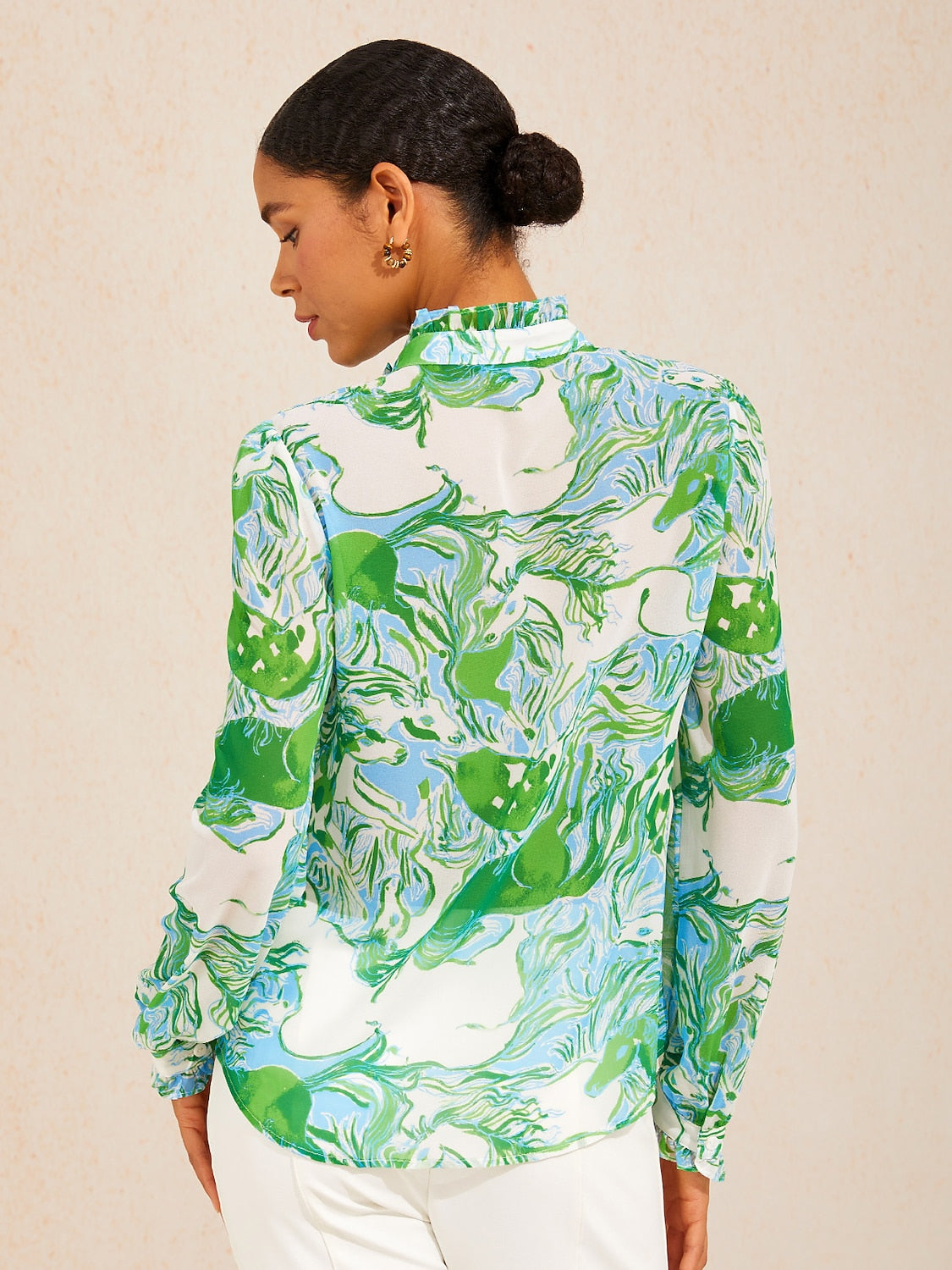 Graphic Art Mustang Ruffle V-Neck Chiffon Blouse