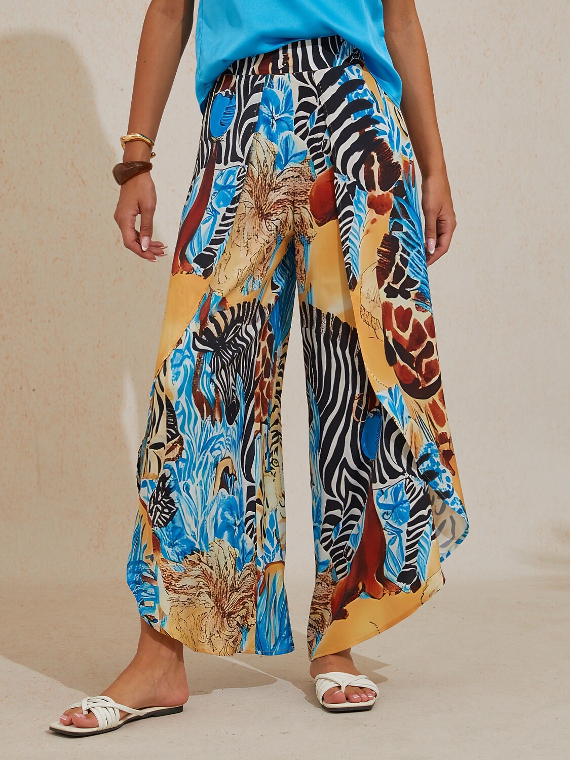 Sapphire Zebra Bloom Silky Satin Slit Wide Leg Pants