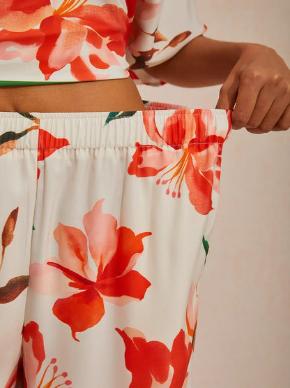 Spring Blooms Silky Satin Wide Leg Pants
