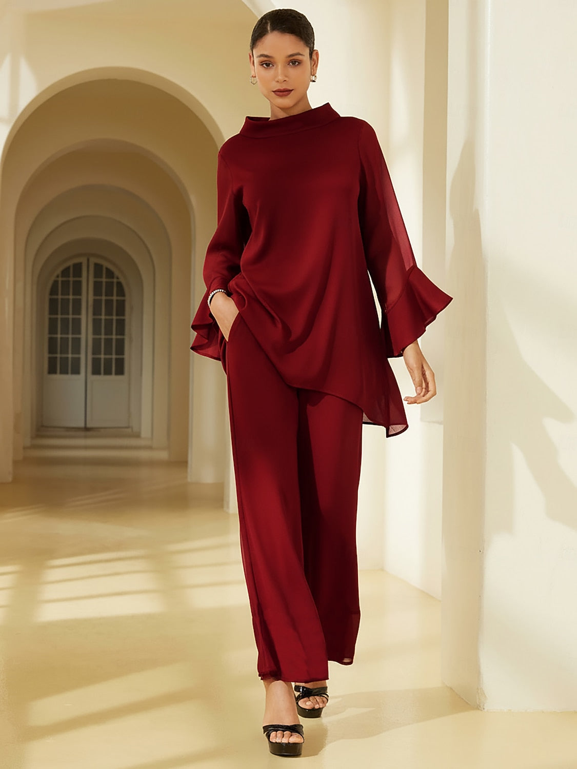 Elegant Chiffon Sheer Panels Flared Pants