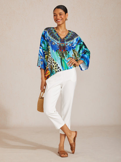 Indigo Tigress Silky Satin  Vacation Batwing Top