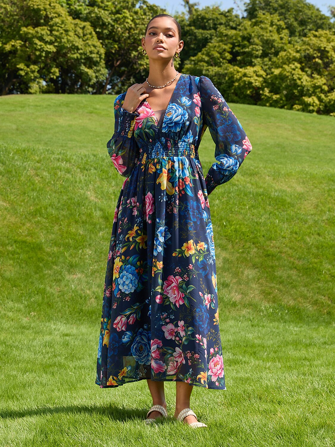 Sapphire Rose Garden Flowy Chiffon Maxi Dress