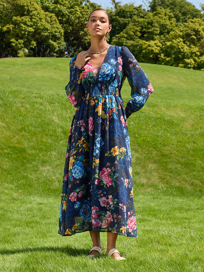 Sapphire Rose Garden Flowy Chiffon Maxi Dress