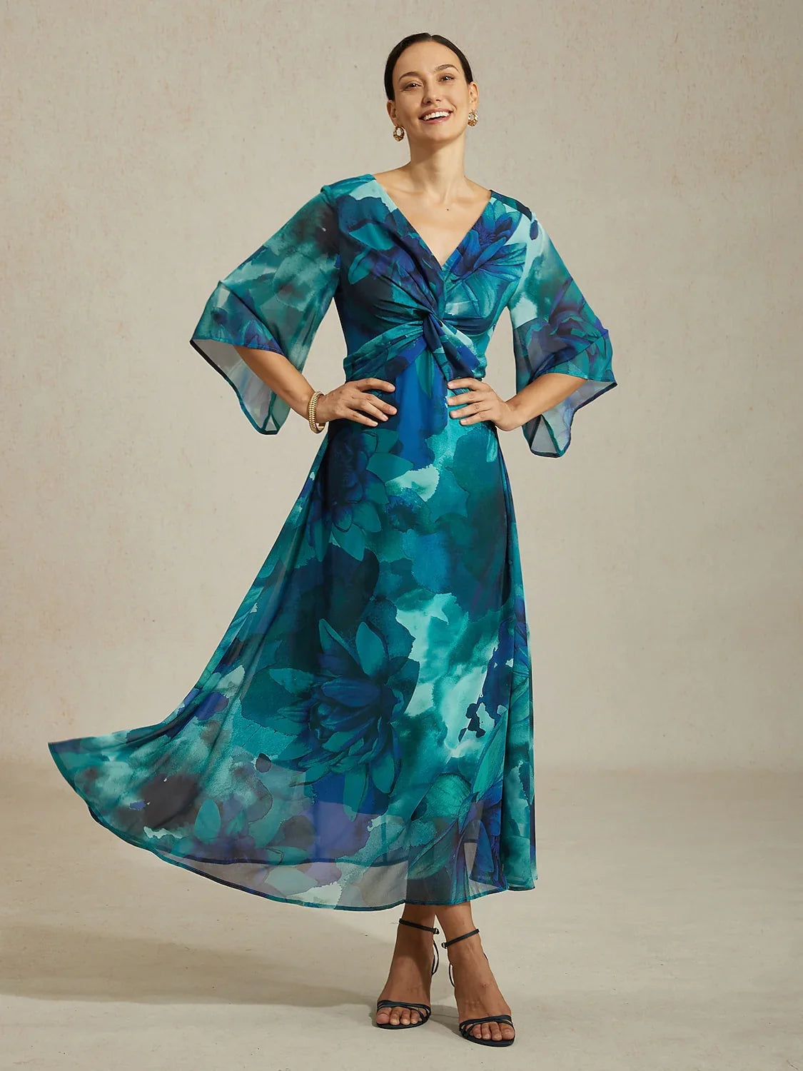 Chiffon Abstract Floral Print Twist Knot Maxi Dress