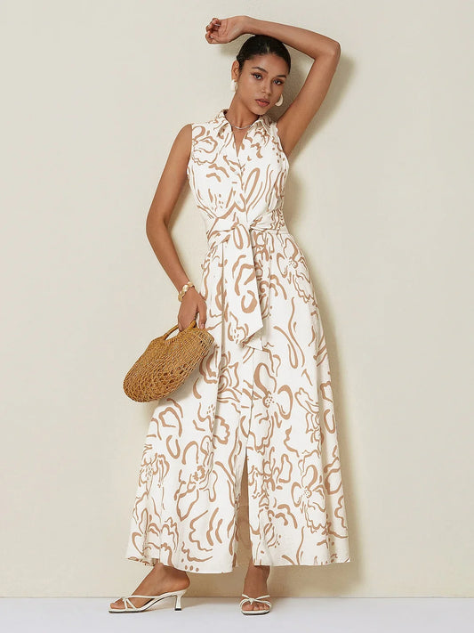 A-Line Abstract Print Pocket Waist Slim Fit Maxi Shirt Dress