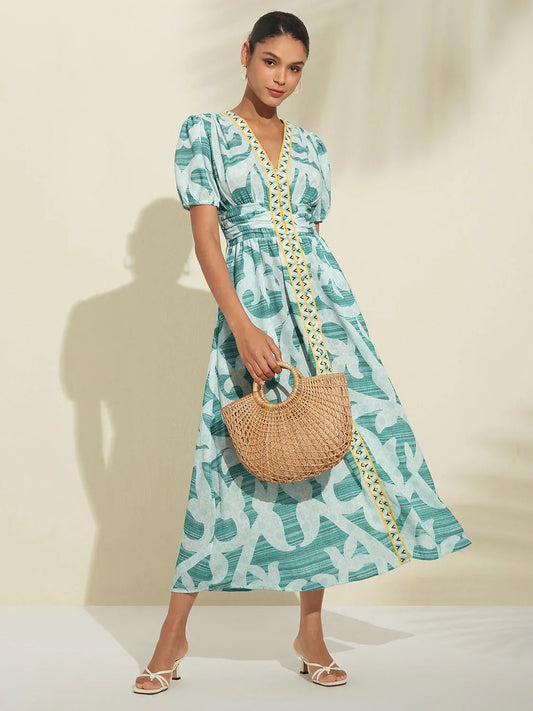 Abstract Print Puff Sleeves V-Neck Maxi Dress