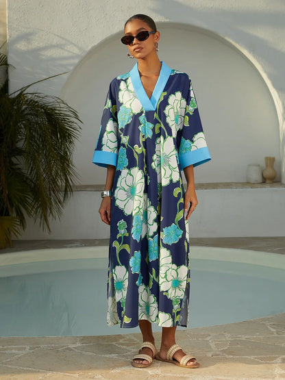 Vacation Color Block Floral Dolman Sleeve Loose Fit Rayon Like Maxi Dress
