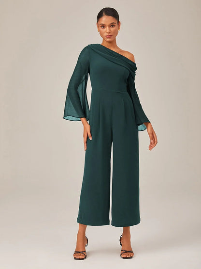 Draped Asymmetric Shoulder Elegant Black Jumpsuit