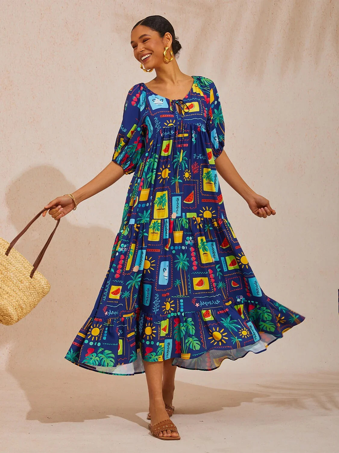 Robe Longue Satinée Évasée Géométrique Évasion Estivale