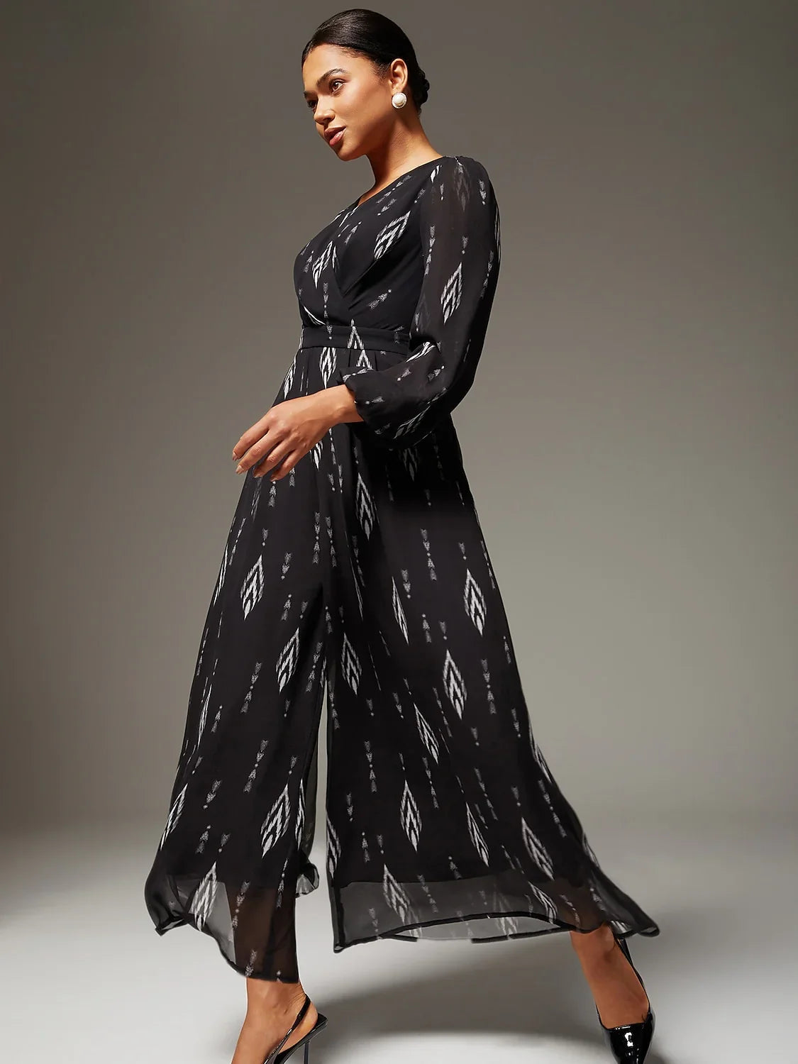 Chiffon Geometric Print Wide Leg Waist Cinching Jumpsuit