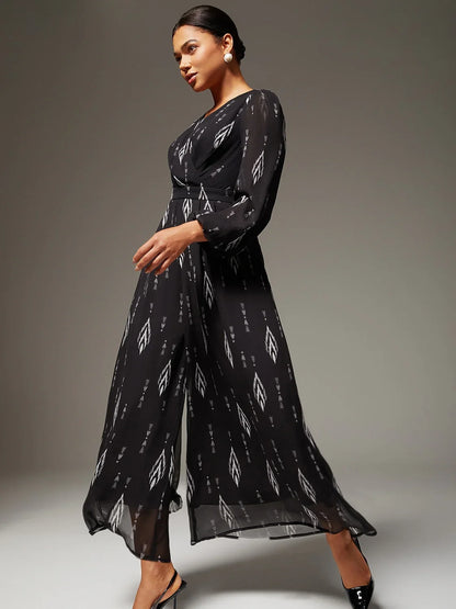 Black Chiffon Geometric Print Wide Leg Waist Cinching Jumpsuit