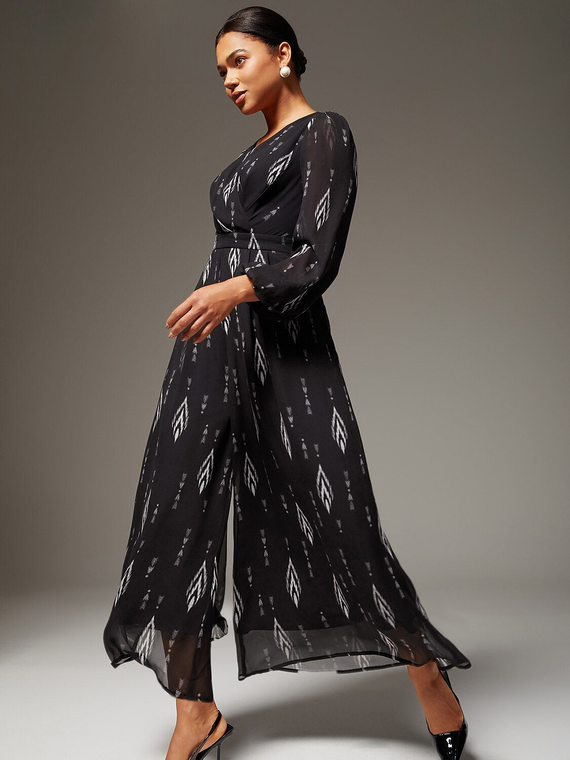 Black Chiffon Geometric Print Wide Leg Waist Cinching Jumpsuit