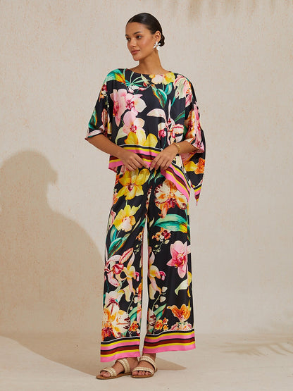 Midnight Floral Carnival Silky Satin Wide Leg Pants