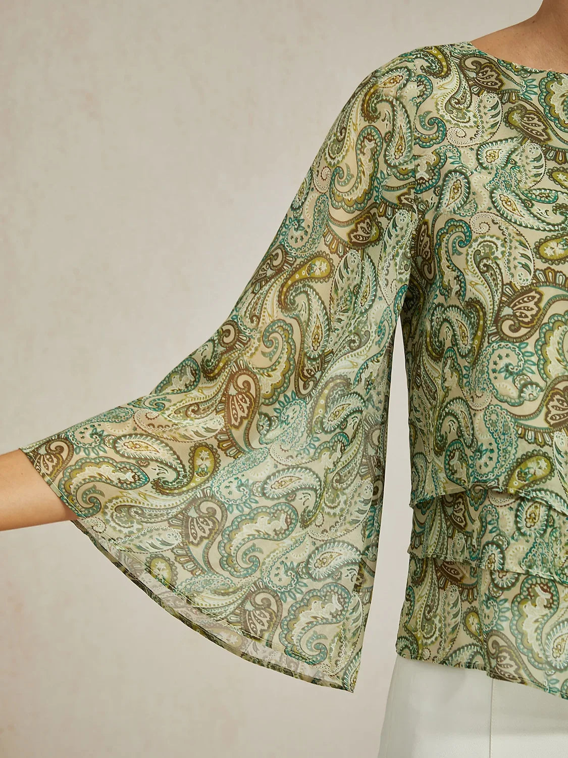 Chiffon Green Paisley Floral Loose Fit Round Boat Blouse