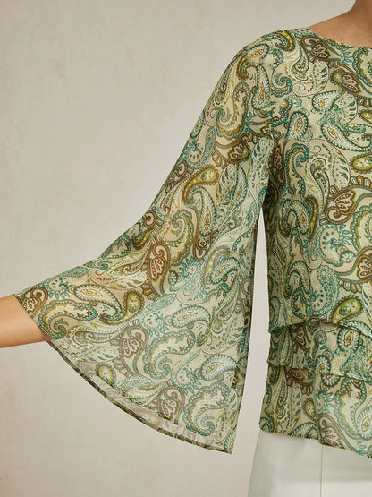 Chiffon Green Paisley Floral Loose Fit Round Boat Blouse