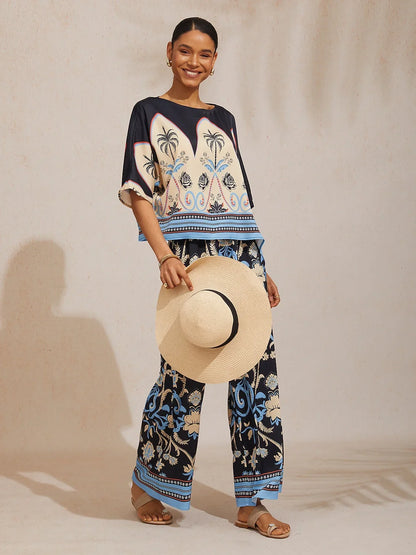 Summer Night Palm Silky Satin Wide Leg Pants