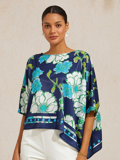 Emerald Tide Bloom Silky Satin Dolman Sleeve Top