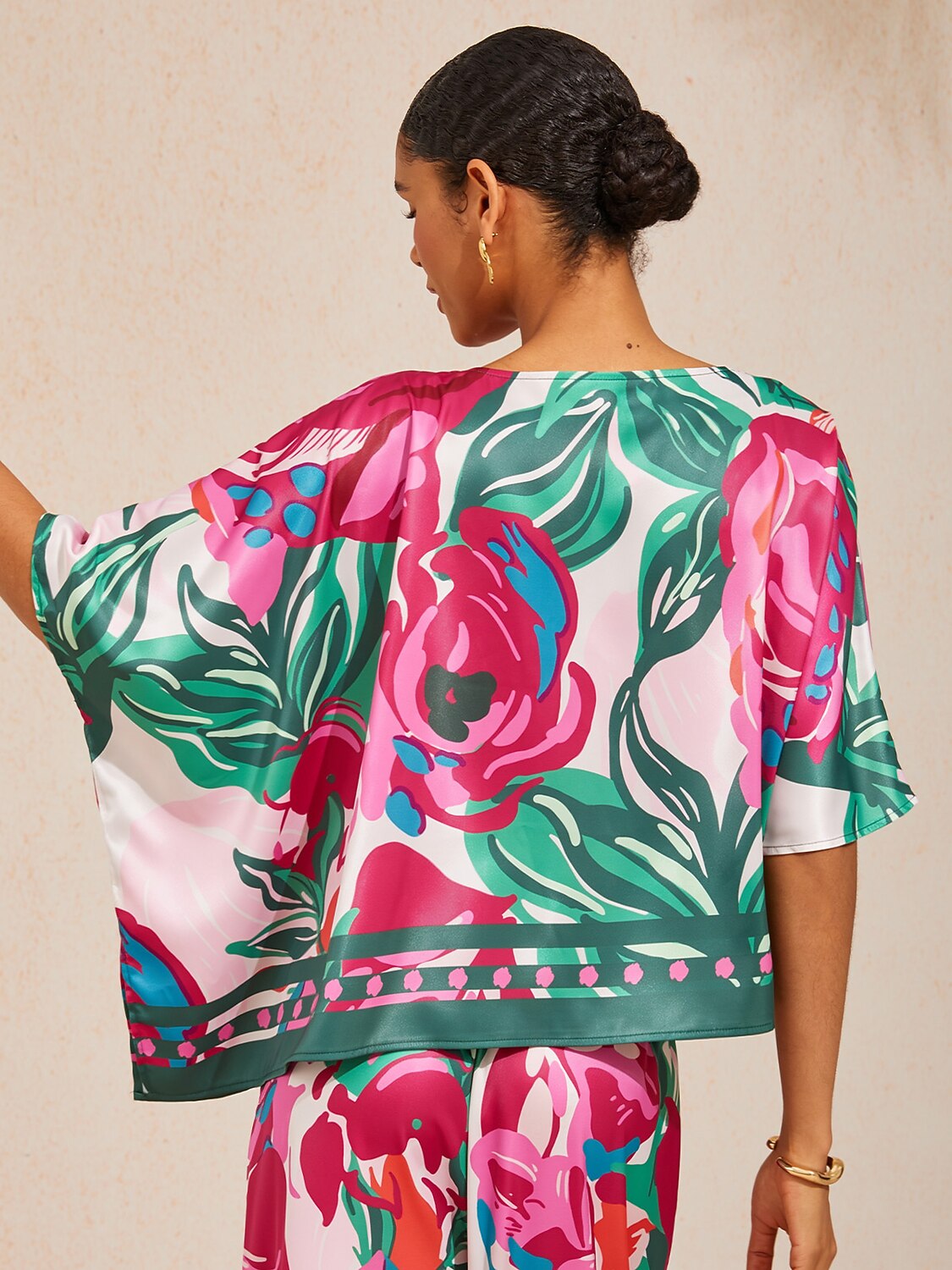 Fiery Pink Rose Silky Satin Dolman Sleeve Top