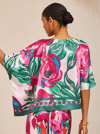 Fiery Pink Rose Silky Satin Dolman Sleeve Top