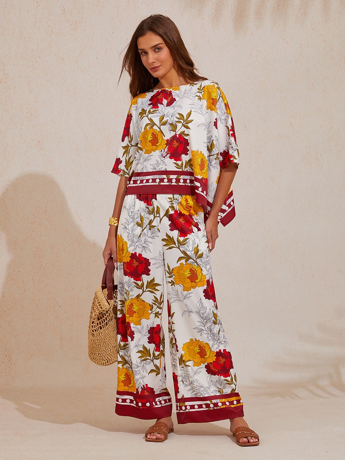 Amber Rose Tapestry Silky Satin Wide Leg Pants