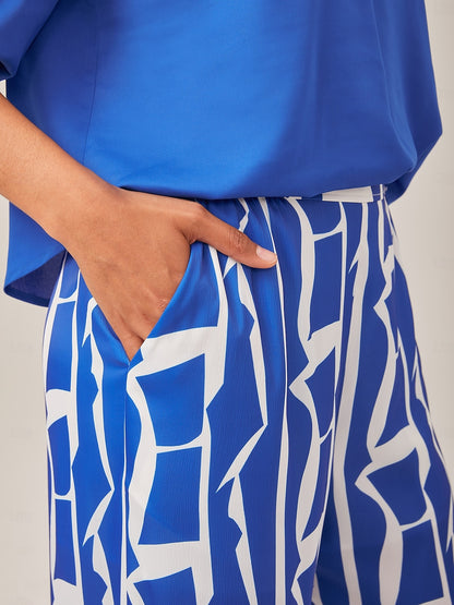 Ruched Waist Blue Printed Straight-Leg Pants