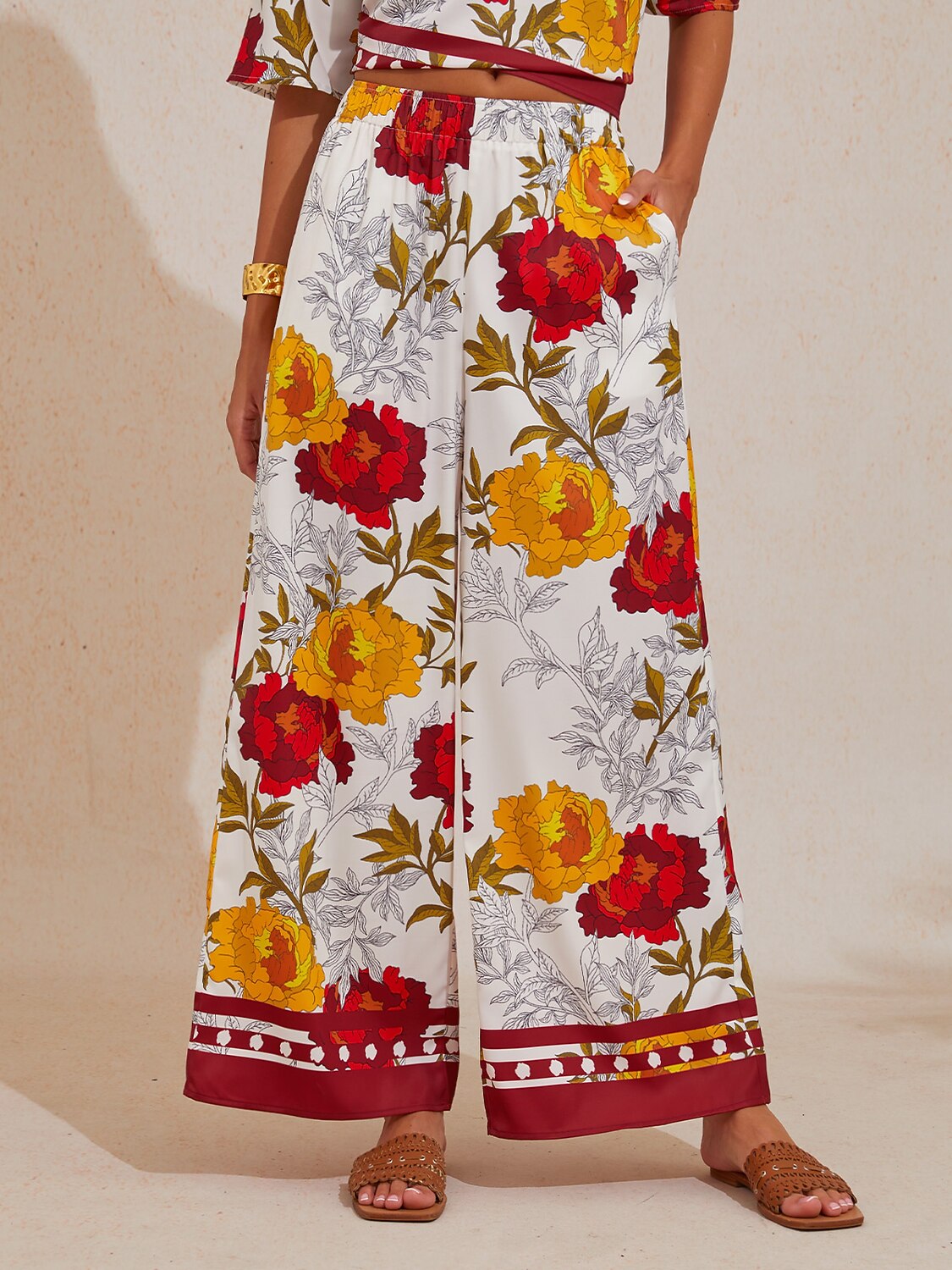 Amber Rose Tapestry Silky Satin Wide Leg Pants