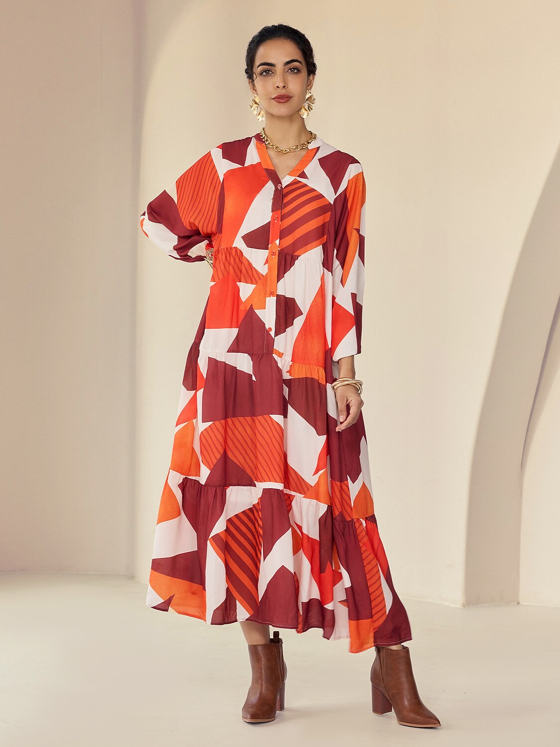 Chiffon Geometric Pattern V-Neck Casual Daily Maxi Dress