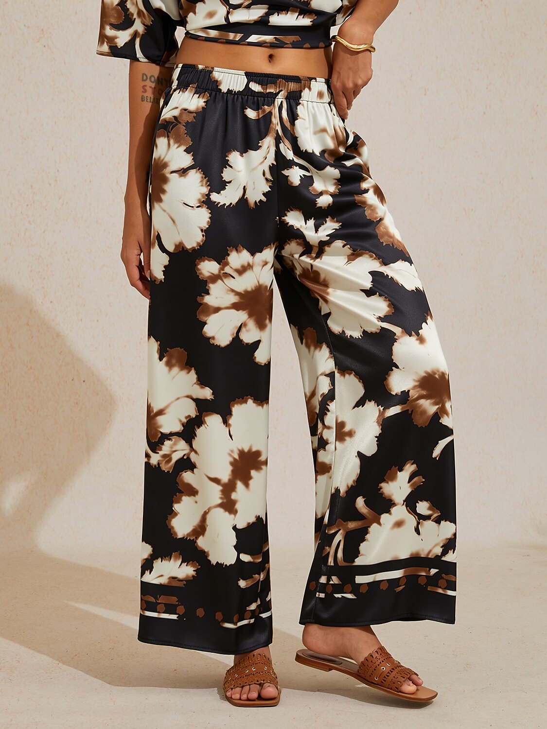 Sepia Noir Bloom Silky Satin Wide Leg Pants