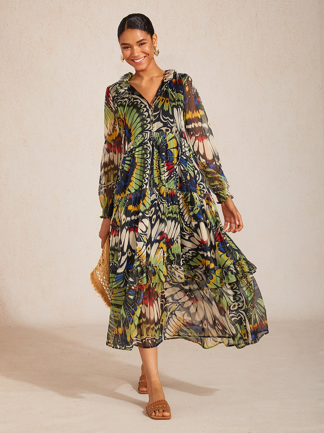 Chiffon Tropical Flowers Puff Sleeve Maxi Dress