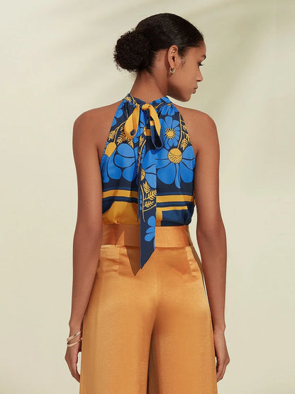 Geometic Flower Plants Ruched Tie Back Satin Blouse