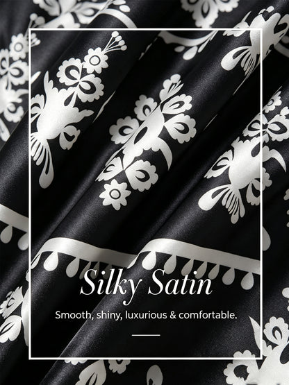 Satin Ethnic Print Raglan Modern Lapel Black Print Top