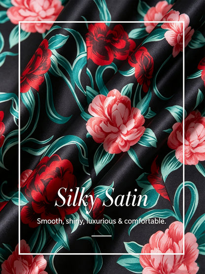 Abstract Bell Flower Silky Satin Batwing Top