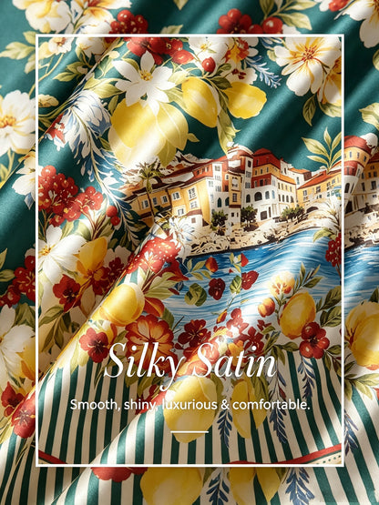 Santorini Summer Silky Scenic Floral Shirt Dress