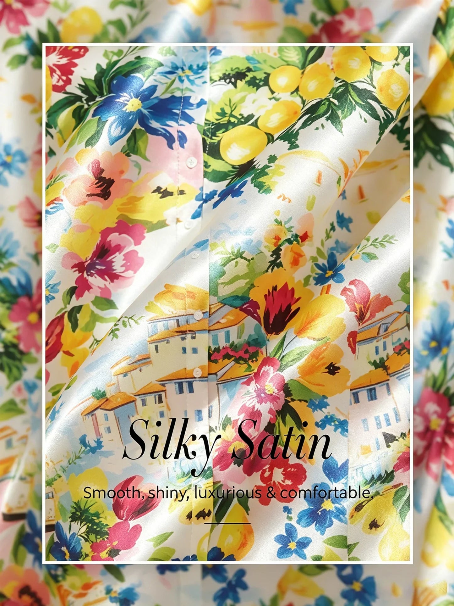 Holiday Citrus Garden Silky Satin Straight Shirt Dress