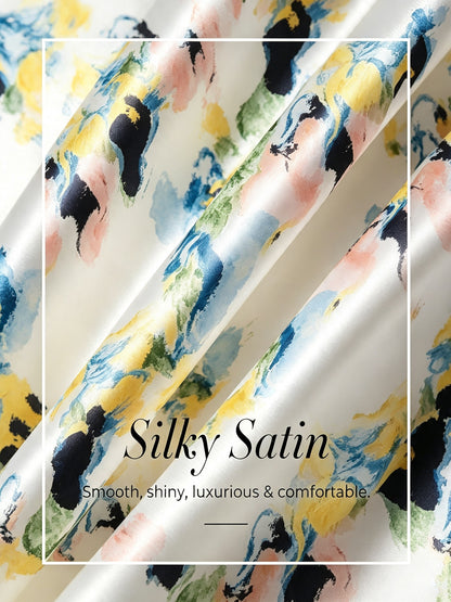 Abstract Brush Print Silky Satin Maxi Dress