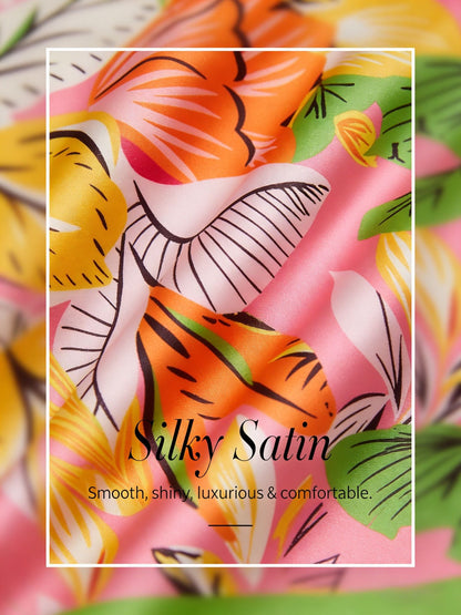 Wild Hibiscus Dream Silky Satin Wide Leg Pants